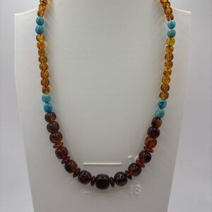 Amber Bead Necklace w Turquoise Accents Honey Cognac Boho Southwest Style